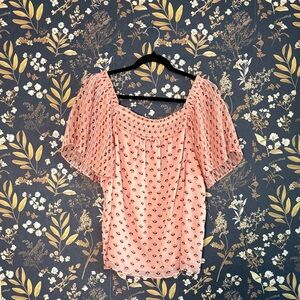 Ann Taylor Peach-Pink Floral Smocked Square Neck Top Blouse Size L